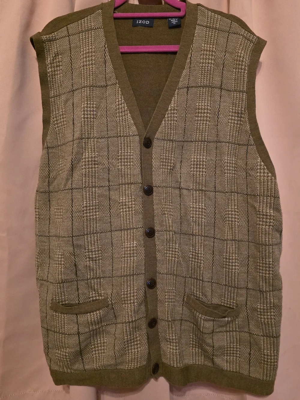 Vintage Izod Button-Up Knit Vest in Olive Plaid - Picture 1 of 4